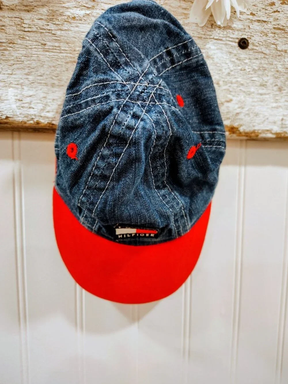 Vintage 1990s TOMMY HILFIGER Blue/Red Denim Cap For Infant/Toddler Hat EUC
